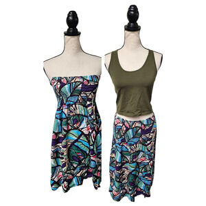 Vtg Y2K Tropical Babydoll Smocked Strapless Mini Dress Skirt Sz L Fairy Grunge